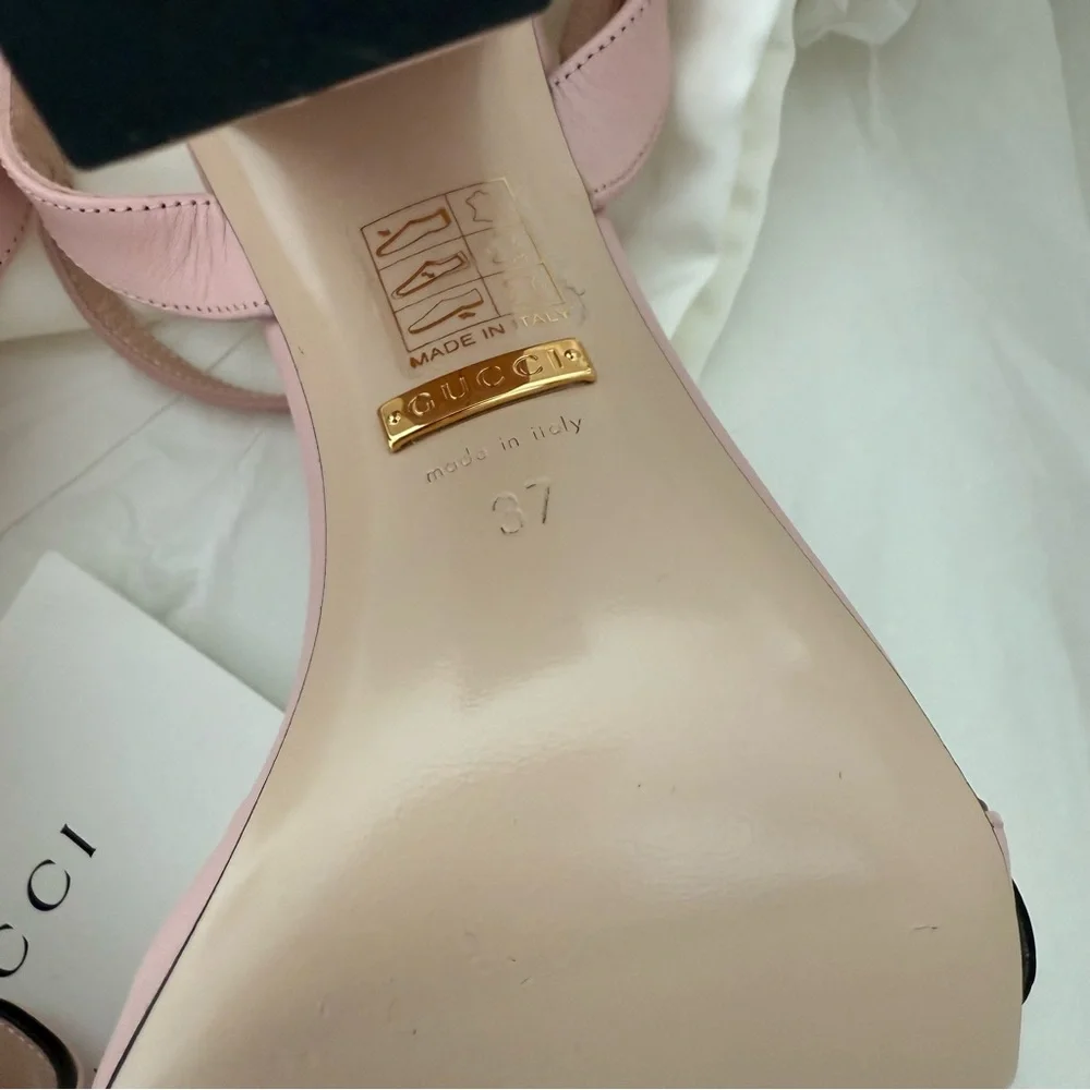 Gucci Pink Block Heel Sandals with Gold GG Logo - Picture 8 of 11